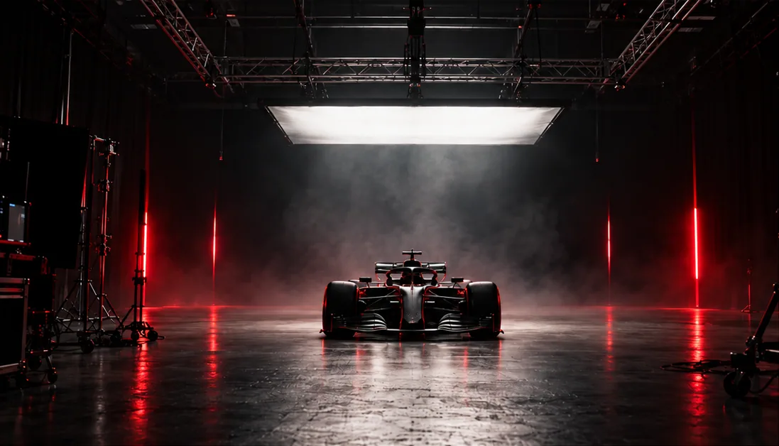 Black-box soundstage with the F1 car under a soft toplight